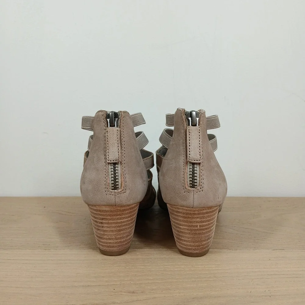 Eileen Fisher Cage Wedge Sandals Womens 5.5 Taupe Suede Woven Strappy Back Zip